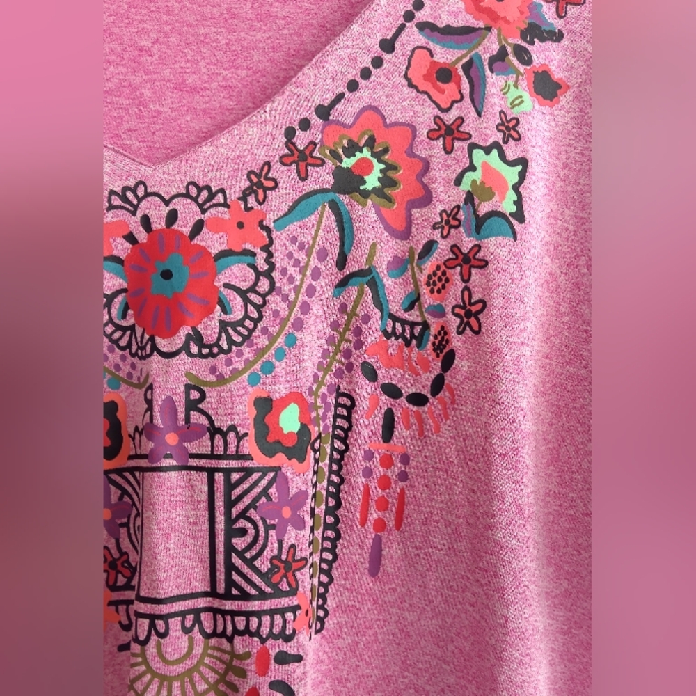 Misslook XL Pink Western T-shirt, Floral Pink Top, Bohemian V Neck Blouse - Picture 3 of 5